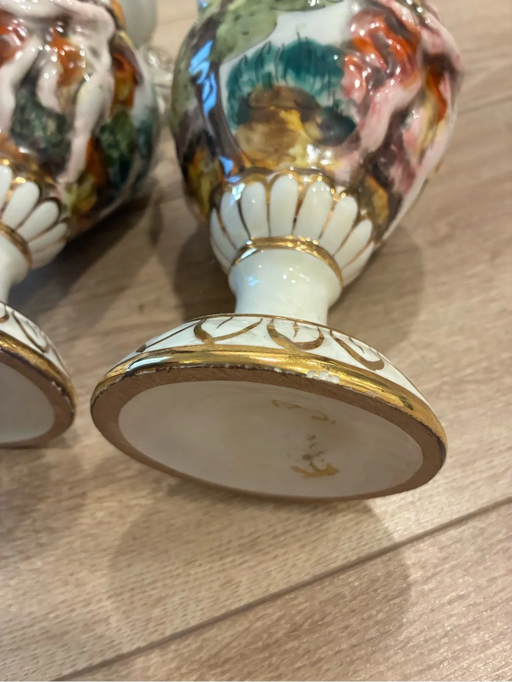 Set of 2 Keramos R. Capodimonte Italian Hand Painted Vases 9.5” Tall